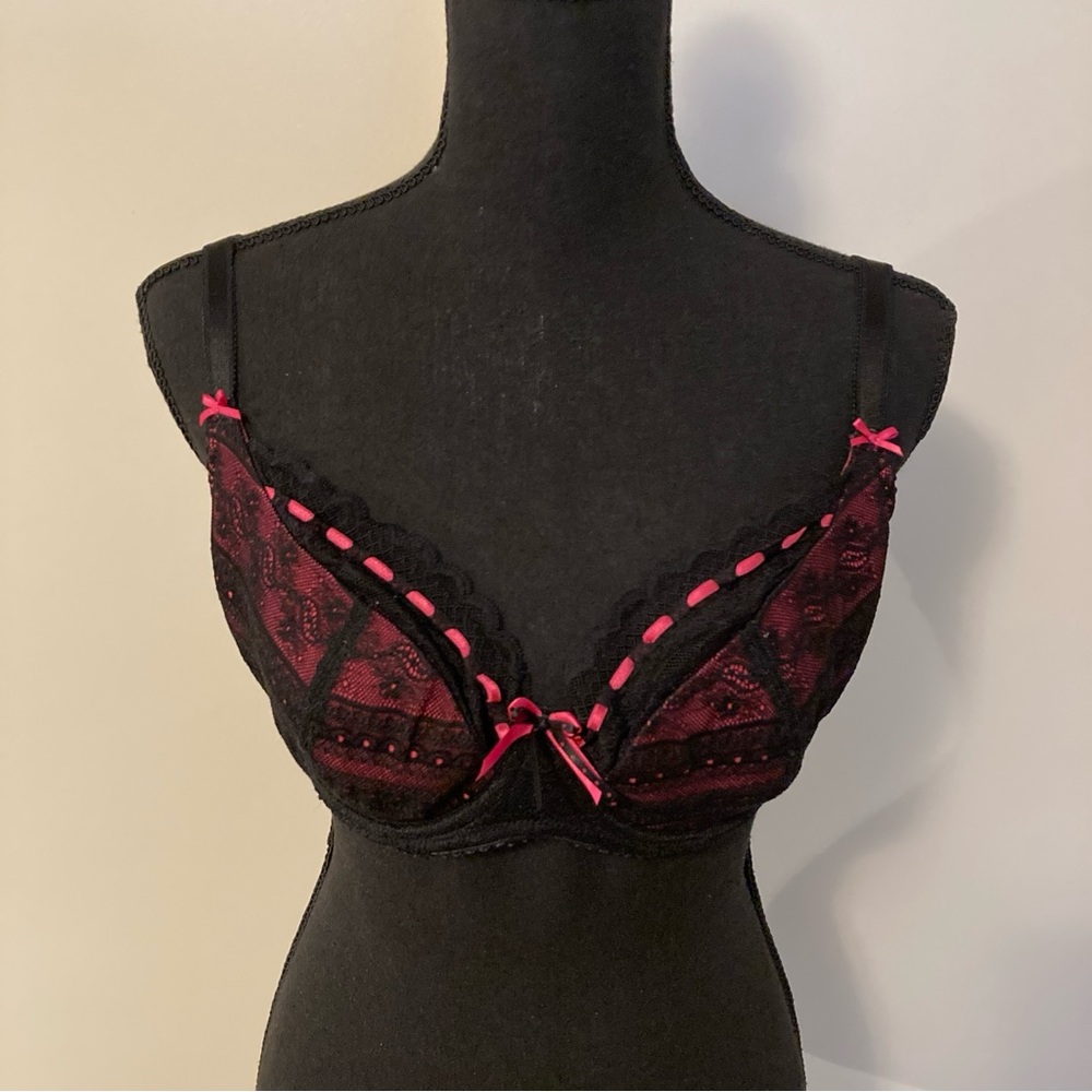 Tutti Rouge Sparkly Party Black Sheer Lace Fuchsia Pink Lining Cups Size 32F